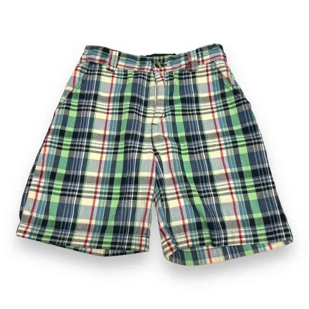 Gymboree‎ Boys Shorts Sz 7 Green Navy Blue Red White Plaid Adjustable Waist
